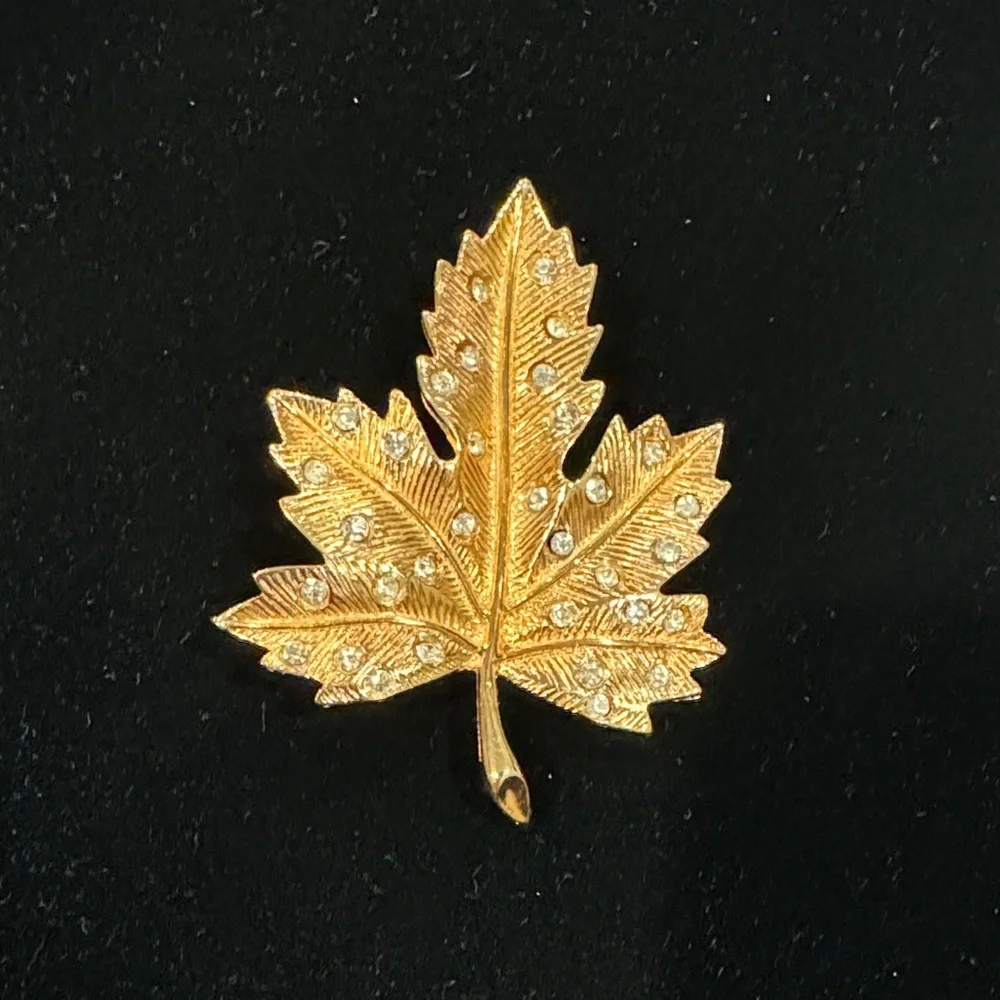 Gold Leaf Brooch with Rhinestone Accents